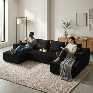 English Elm 132.1 Inch U-Shaped Corduroy Modular Sectional Deep Cloud Seating for Living Rooms Black W5872S00002