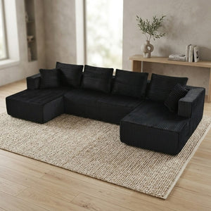 English Elm 132.1 Inch U-Shaped Corduroy Modular Sectional Deep Cloud Seating for Living Rooms Black W5872S00002