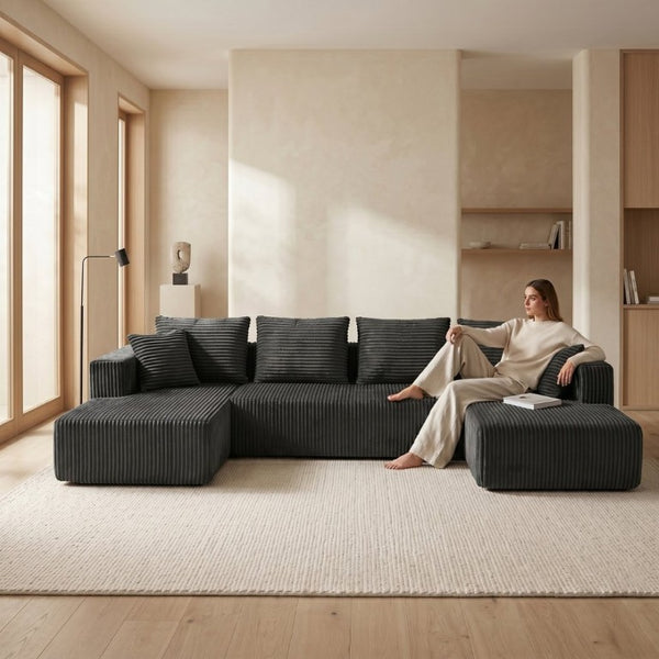 English Elm 132.1 Inch U-Shaped Corduroy Modular Sectional Deep Cloud Seating for Living Rooms Gray W5872S00003