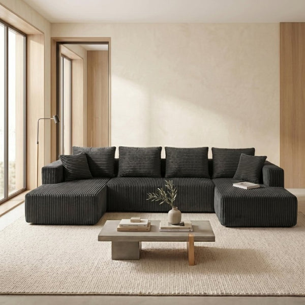 English Elm 132.1 Inch U-Shaped Corduroy Modular Sectional Deep Cloud Seating for Living Rooms Gray W5872S00003