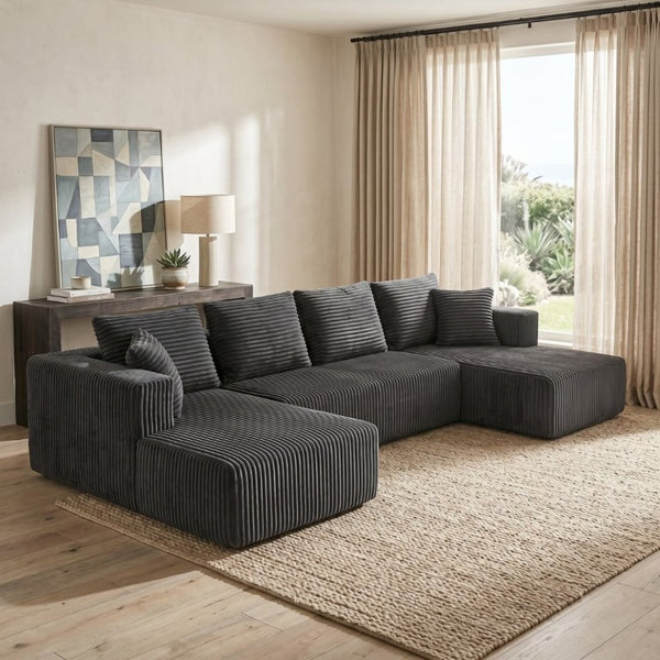 English Elm 132.1 Inch U-Shaped Corduroy Modular Sectional Deep Cloud Seating for Living Rooms Gray W5872S00003