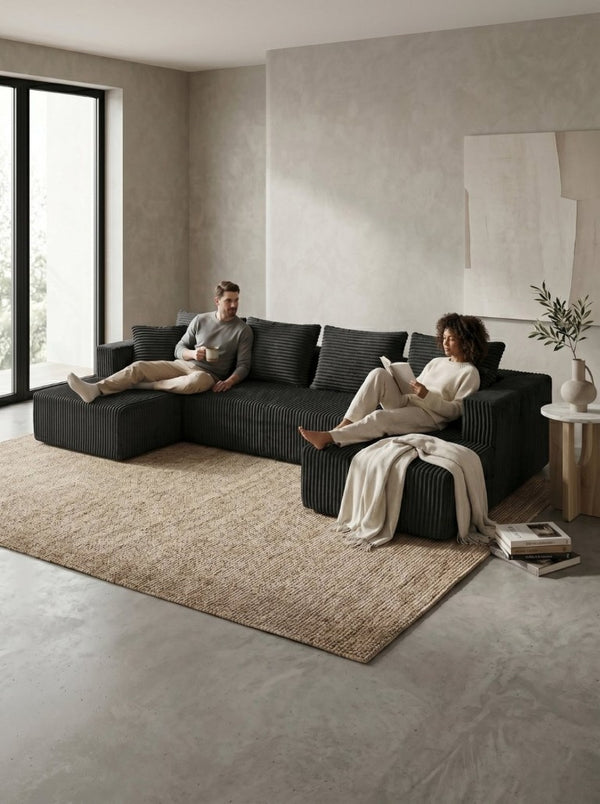 English Elm 132.1 Inch U-Shaped Corduroy Modular Sectional Deep Cloud Seating for Living Rooms Gray W5872S00003