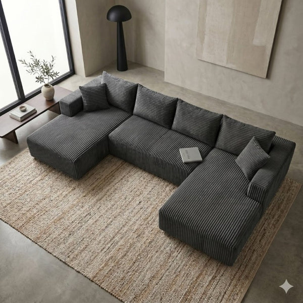 English Elm 132.1 Inch U-Shaped Corduroy Modular Sectional Deep Cloud Seating for Living Rooms Gray W5872S00003