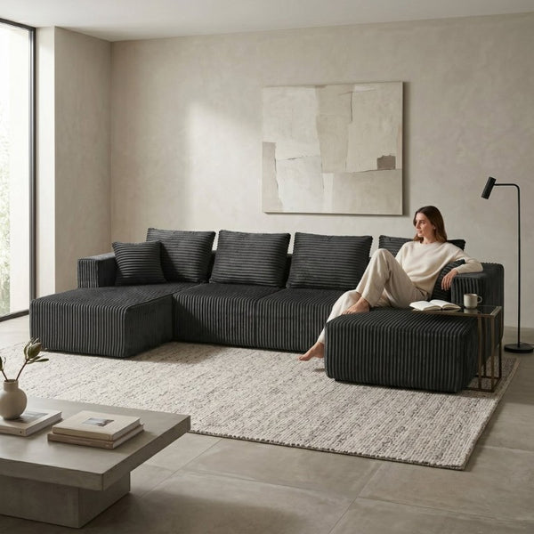 English Elm 132.1 Inch U-Shaped Corduroy Modular Sectional Deep Cloud Seating for Living Rooms Gray W5872S00003
