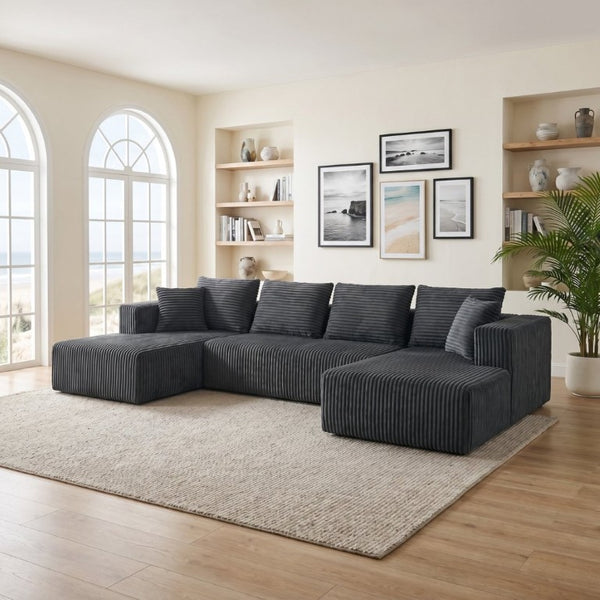 English Elm 132.1 Inch U-Shaped Corduroy Modular Sectional Deep Cloud Seating for Living Rooms Gray W5872S00003