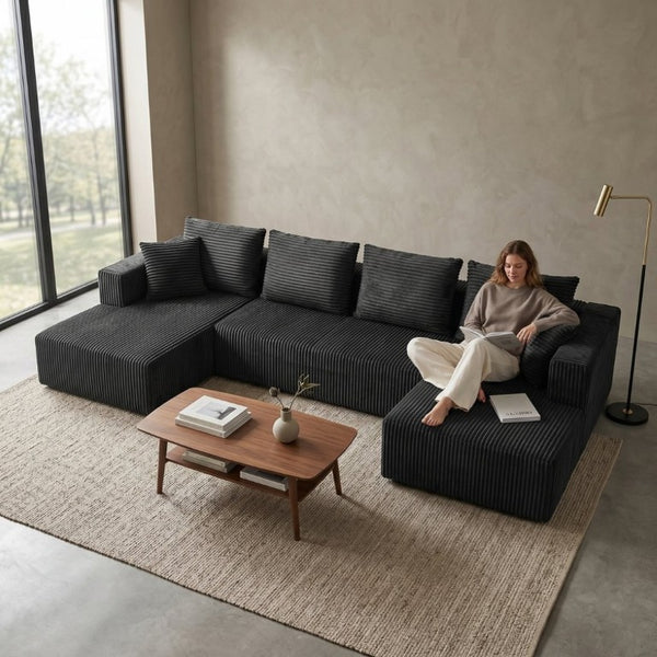 English Elm 132.1 Inch U-Shaped Corduroy Modular Sectional Deep Cloud Seating for Living Rooms Gray W5872S00003