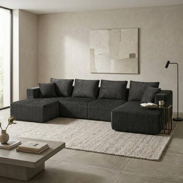 English Elm 132.1 Inch U-Shaped Corduroy Modular Sectional Deep Cloud Seating for Living Rooms Gray W5872S00003