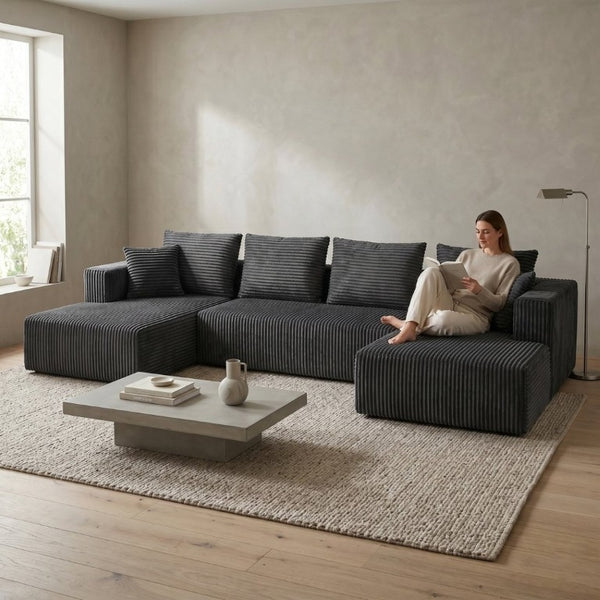 English Elm 132.1 Inch U-Shaped Corduroy Modular Sectional Deep Cloud Seating for Living Rooms Gray W5872S00003