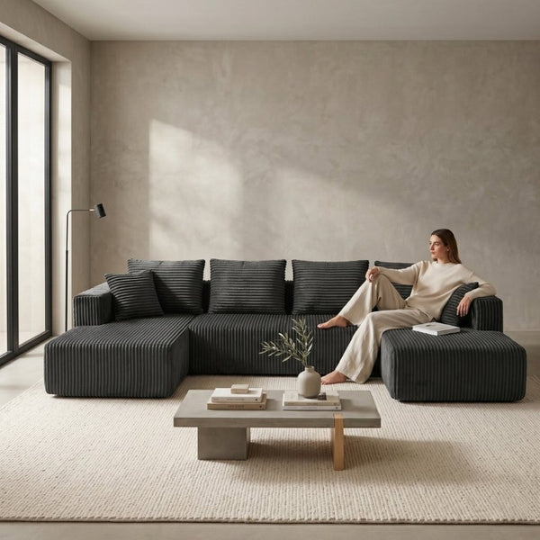 English Elm 132.1 Inch U-Shaped Corduroy Modular Sectional Deep Cloud Seating for Living Rooms Gray W5872S00003
