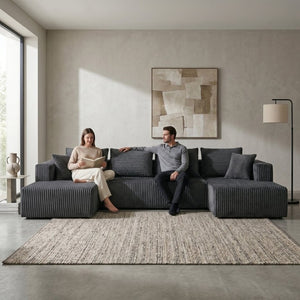 English Elm 132.1 Inch U-Shaped Corduroy Modular Sectional Deep Cloud Seating for Living Rooms Gray W5872S00003