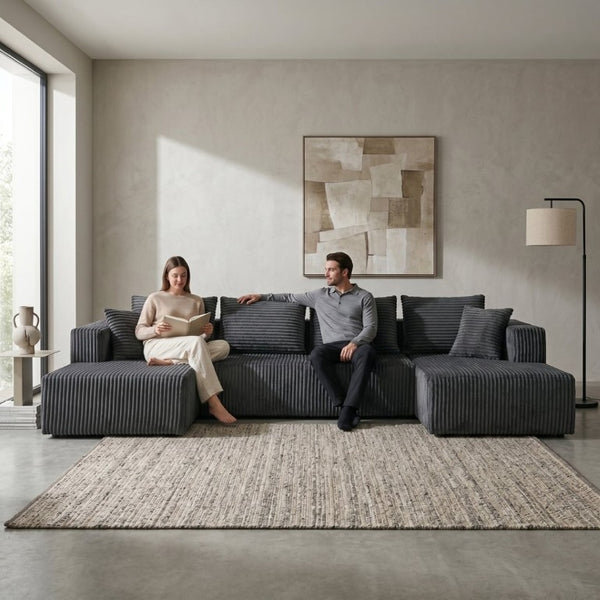 English Elm 132.1 Inch U-Shaped Corduroy Modular Sectional Deep Cloud Seating for Living Rooms Gray W5872S00003