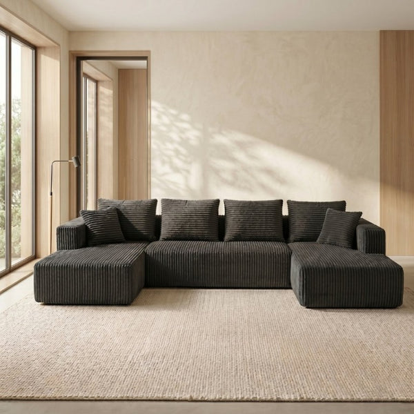 English Elm 132.1 Inch U-Shaped Corduroy Modular Sectional Deep Cloud Seating for Living Rooms Gray W5872S00003
