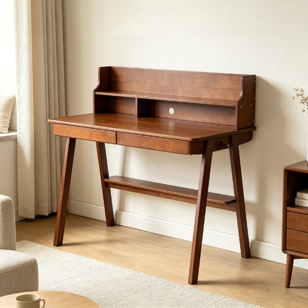 English Elm 100% Solid Wood Mid Century Writing Desk with Drawers Shelf for Home Office Bedroom W5881P490665