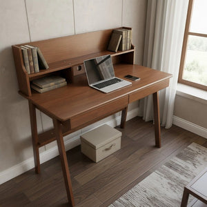 English Elm 100% Solid Wood Mid Century Writing Desk with Drawers Shelf for Home Office Bedroom W5881P490665