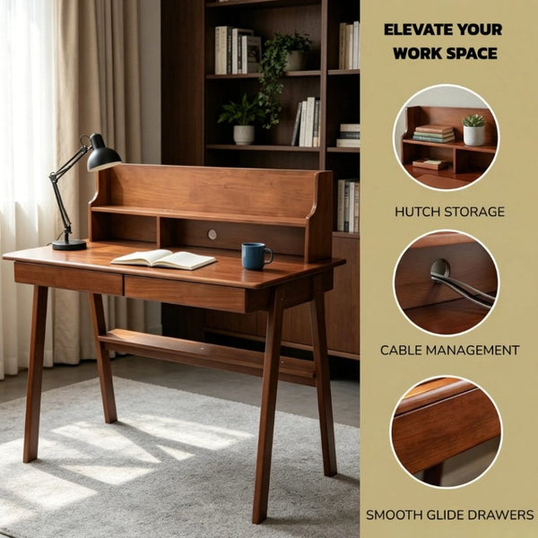 English Elm 100% Solid Wood Mid Century Writing Desk with Drawers Shelf for Home Office Bedroom W5881P490665