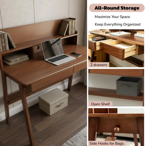 English Elm 100% Solid Wood Mid Century Writing Desk with Drawers Shelf for Home Office Bedroom W5881P490665