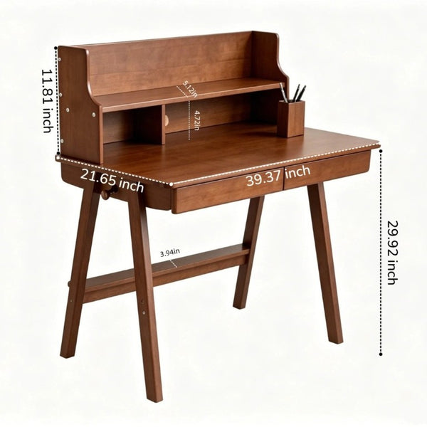 English Elm 100% Solid Wood Mid Century Writing Desk with Drawers Shelf for Home Office Bedroom W5881P490665