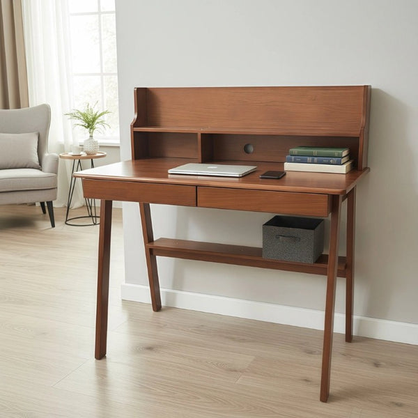 English Elm 100% Solid Wood Mid Century Writing Desk with Drawers Shelf for Home Office Bedroom W5881P490665