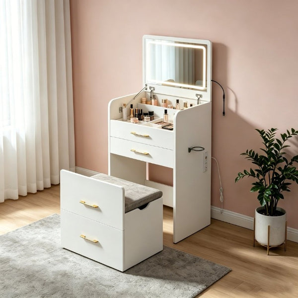 English Elm 3-In-1 Flip Mirror Vanity Desk Glass Top LED Lighting Charging Station 3 Drawers W5881P505001