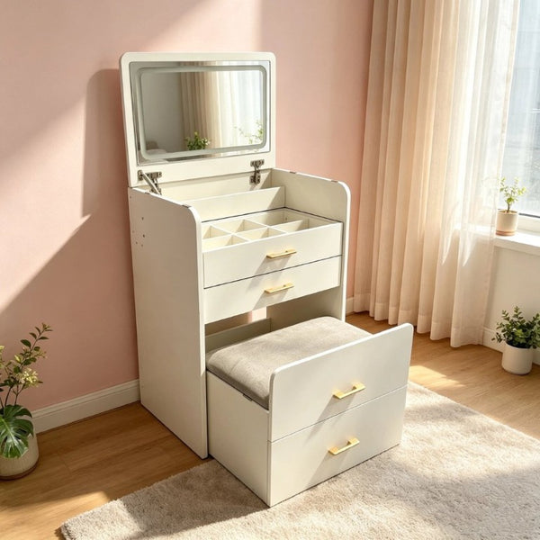 English Elm 3-In-1 Flip Mirror Vanity Desk Glass Top LED Lighting Charging Station 3 Drawers W5881P505001