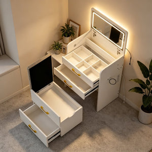 English Elm 3-In-1 Flip Mirror Vanity Desk Glass Top LED Lighting Charging Station 3 Drawers W5881P505001