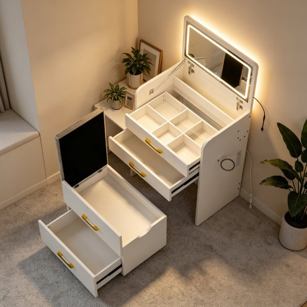 English Elm 3-In-1 Flip Mirror Vanity Desk Glass Top LED Lighting Charging Station 3 Drawers W5881P505001