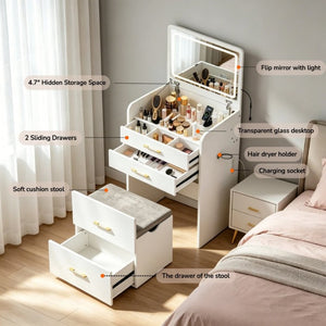 English Elm 3-In-1 Flip Mirror Vanity Desk Glass Top LED Lighting Charging Station 3 Drawers W5881P505001