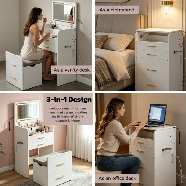 English Elm 3-In-1 Flip Mirror Vanity Desk Glass Top LED Lighting Charging Station 3 Drawers W5881P505001