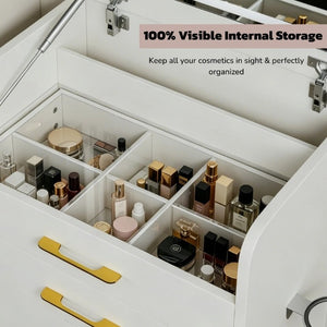 English Elm 3-In-1 Flip Mirror Vanity Desk Glass Top LED Lighting Charging Station 3 Drawers W5881P505001