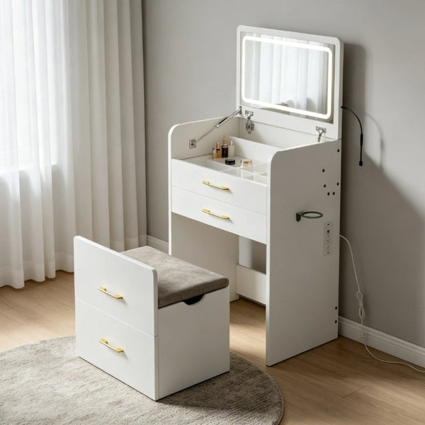 English Elm 3-In-1 Flip Mirror Vanity Desk Glass Top LED Lighting Charging Station 3 Drawers W5881P505001