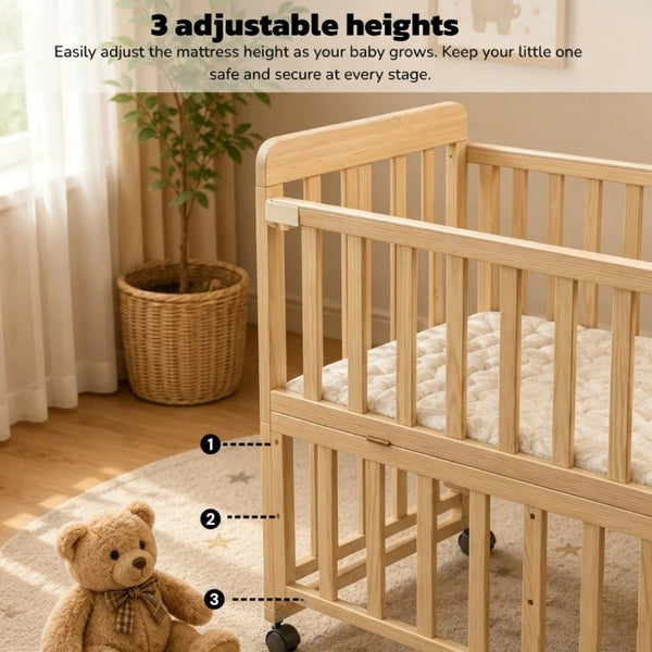 English Elm Solid Wood Bedside Bassinet with Extendable Frame Three Height Settings and Swivel Wheels W5881P505040