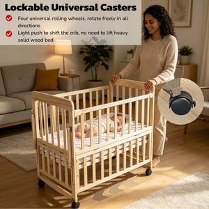 English Elm Solid Wood Bedside Bassinet with Extendable Frame Three Height Settings and Swivel Wheels W5881P505040