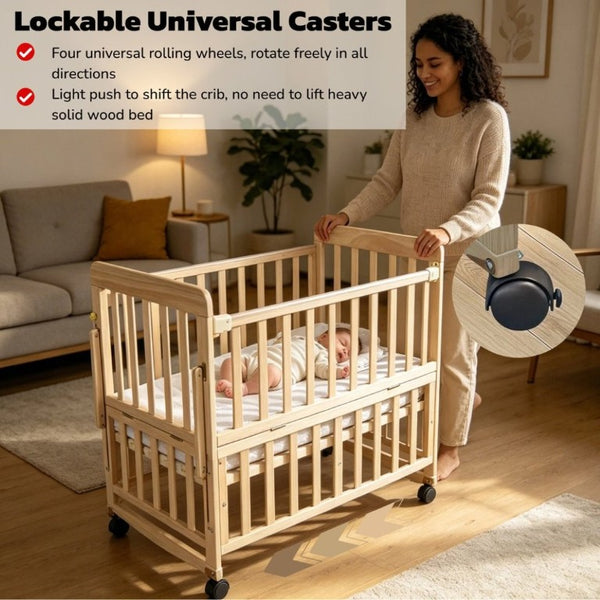 English Elm Solid Wood Bedside Bassinet with Extendable Frame Three Height Settings and Swivel Wheels W5881P505040