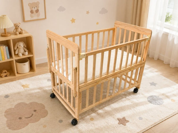 English Elm Solid Wood Bedside Bassinet with Extendable Frame Three Height Settings and Swivel Wheels W5881P505040
