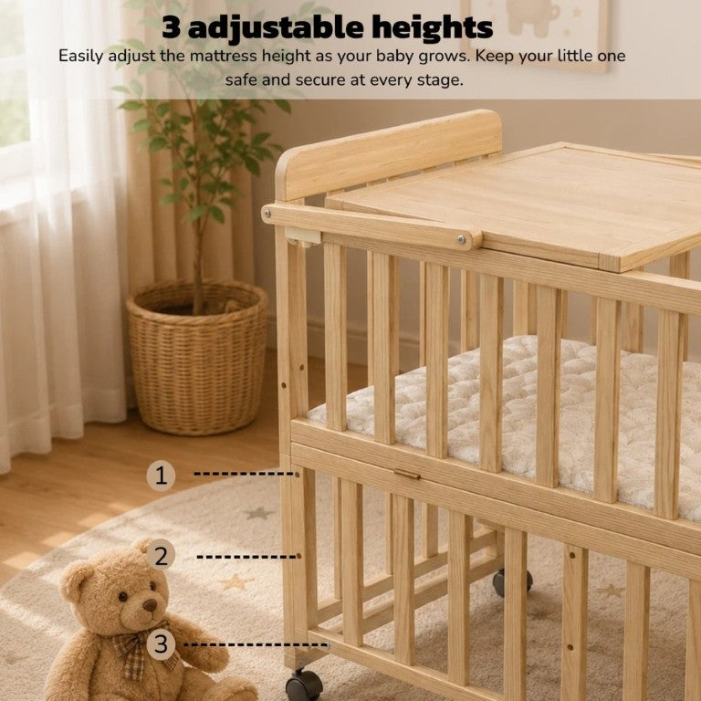 English Elm Solid Wood Bedside Bassinet with Rocking Mode Adjustable Height and Changing Shelf W5881P505042