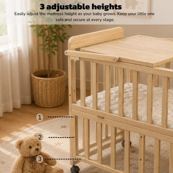 English Elm Solid Wood Bedside Bassinet with Rocking Mode Adjustable Height and Changing Shelf W5881P505042