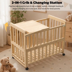 English Elm Solid Wood Bedside Bassinet with Rocking Mode Adjustable Height and Changing Shelf W5881P505042
