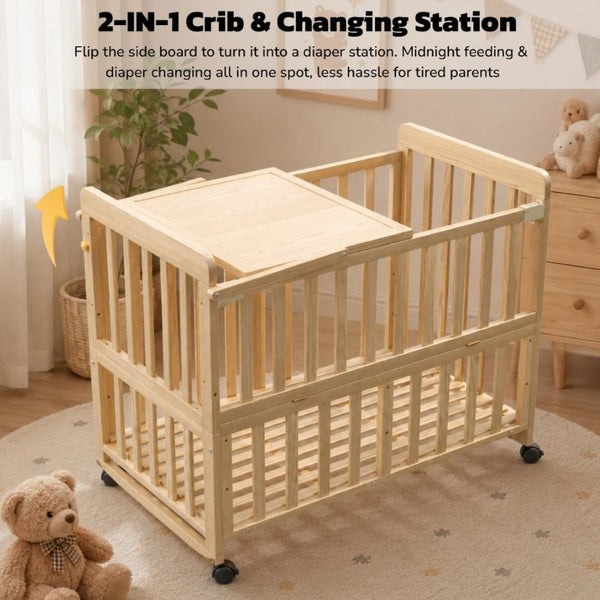 English Elm Solid Wood Bedside Bassinet with Rocking Mode Adjustable Height and Changing Shelf W5881P505042