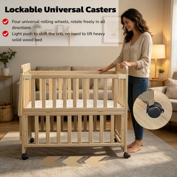English Elm Solid Wood Bedside Bassinet with Rocking Mode Adjustable Height and Changing Shelf W5881P505042