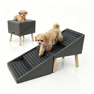 English Elm 2-In-1 Foldable Pet Ramp and Ottoman Six Step Dog Stair for Bed or Sofa Access Grey 19.69 inches / 4 Steps W5881P510296