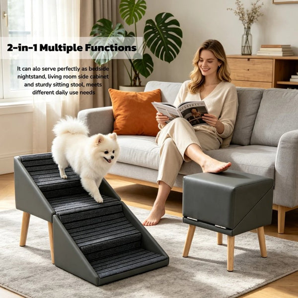 English Elm 2-In-1 Foldable Pet Ramp and Ottoman Six Step Dog Stair for Bed or Sofa Access Grey 19.69 inches / 4 Steps W5881P510296