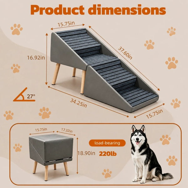 English Elm 2-In-1 Foldable Pet Ramp and Ottoman Six Step Dog Stair for Bed or Sofa Access Grey 19.69 inches / 4 Steps W5881P510296