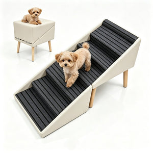 English Elm 2-In-1 Foldable Pet Ramp and Ottoman Six Step Dog Stair for Bed or Sofa Access Beige 25.2 inches / 6 Steps W5881P510299
