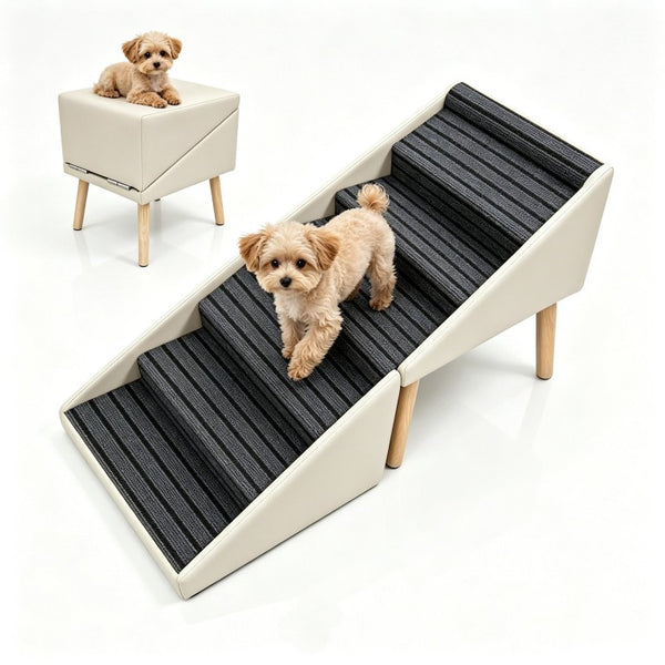 English Elm 2-In-1 Foldable Pet Ramp and Ottoman Six Step Dog Stair for Bed or Sofa Access Beige 25.2 inches / 6 Steps W5881P510299