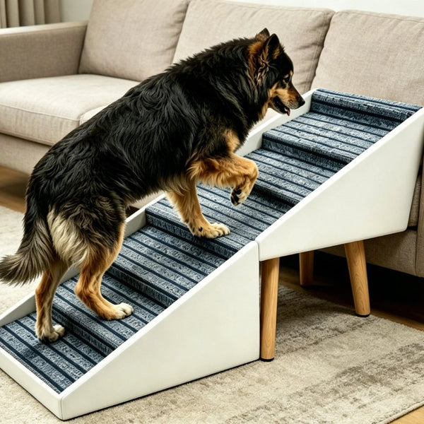 English Elm 2-In-1 Foldable Pet Ramp and Ottoman Six Step Dog Stair for Bed or Sofa Access Beige 25.2 inches / 6 Steps W5881P510299