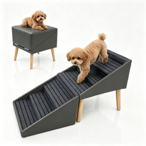 English Elm 2-In-1 Foldable Pet Ramp and Ottoman Six Step Dog Stair for Bed or Sofa Access Grey 25.2 inches / 6 Steps W5881P510349