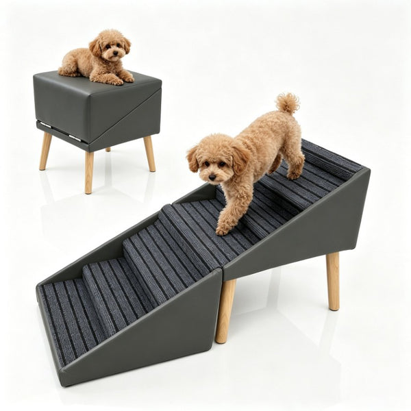 English Elm 2-In-1 Foldable Pet Ramp and Ottoman Six Step Dog Stair for Bed or Sofa Access Grey 25.2 inches / 6 Steps W5881P510349