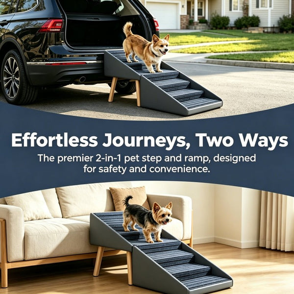 English Elm 2-In-1 Foldable Pet Ramp and Ottoman Six Step Dog Stair for Bed or Sofa Access Grey 25.2 inches / 6 Steps W5881P510349