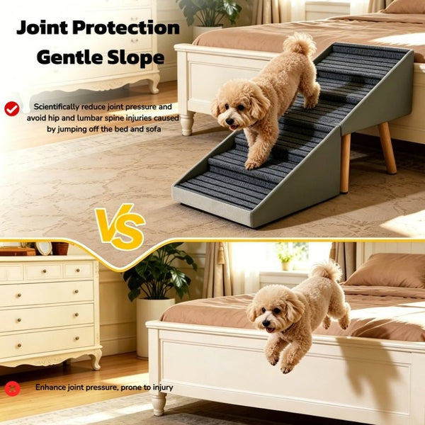 English Elm 2-In-1 Foldable Pet Ramp and Ottoman Six Step Dog Stair for Bed or Sofa Access Grey 25.2 inches / 6 Steps W5881P510349
