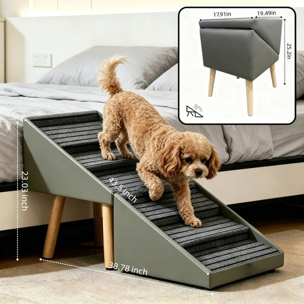 English Elm 2-In-1 Foldable Pet Ramp and Ottoman Six Step Dog Stair for Bed or Sofa Access Grey 25.2 inches / 6 Steps W5881P510349
